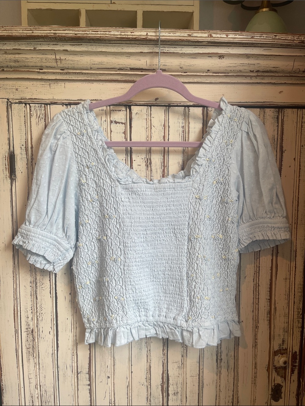 Light Blue Smocked Puff Sleeve Top with Floral Details - Picture 9 of 11